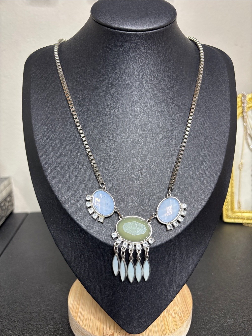 Silver-Tone Green and Light Blue Pendant Necklace